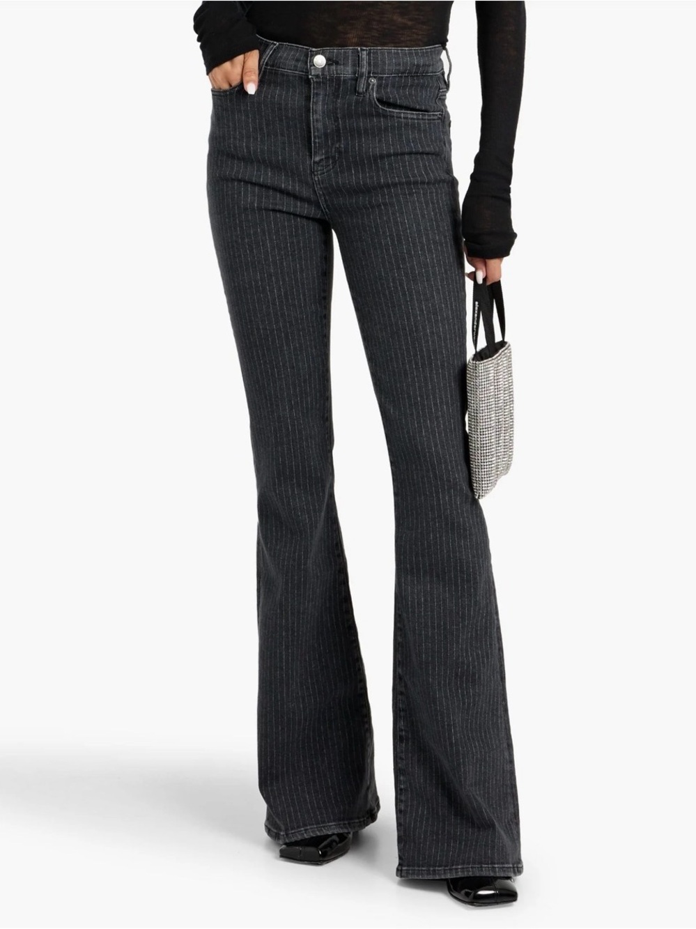 $278 FRAME LE HIGH FLARE, charcoal pinstripe jeans